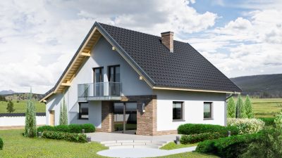 Proiect 84 — randare a casei: casă clasică cu etaj, 4 dormitoare și balcon