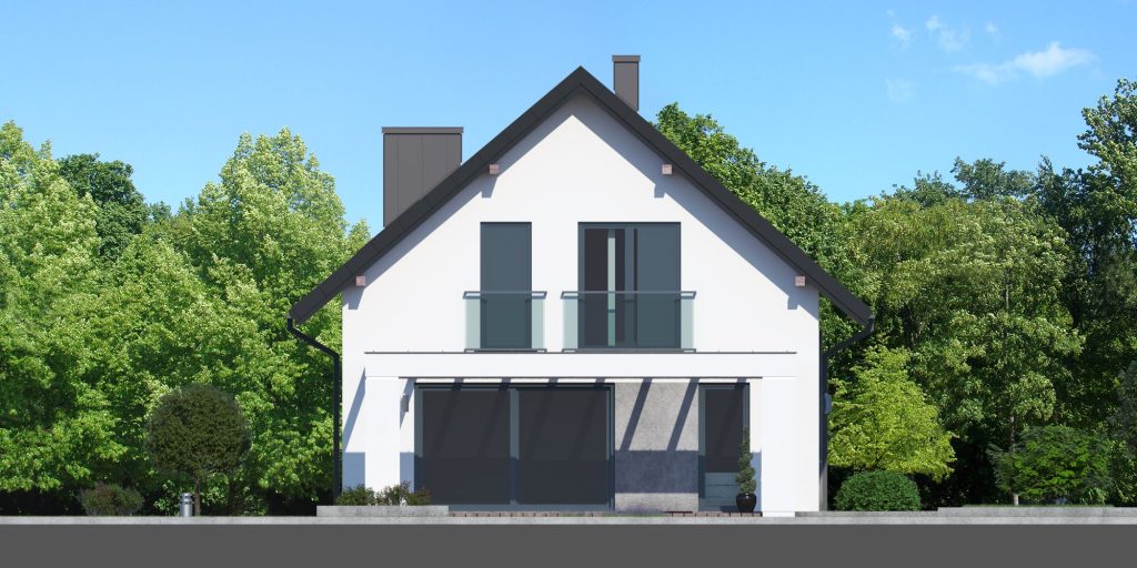 Proiect 85 — fațade: casă clasică cu etaj, 4 dormitoare, balcon și carport