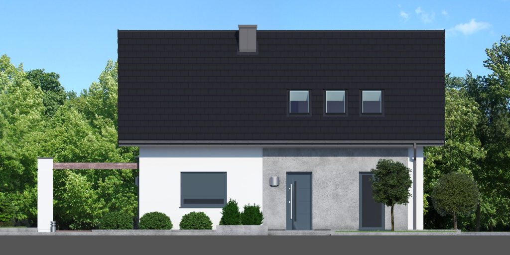 Proiect 85 — fațade: casă clasică cu etaj, 4 dormitoare, balcon și carport