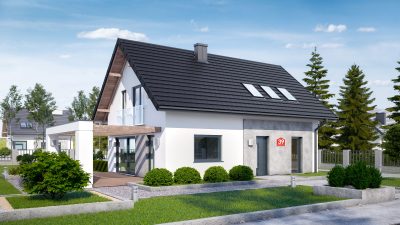 Proiect 85 — randare a casei: casă clasică cu etaj, 4 dormitoare, balcon și carport