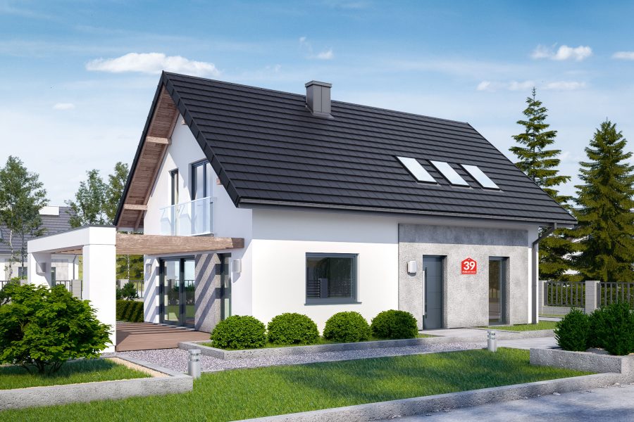 Proiect 85 — randare a casei: casă clasică cu etaj, 4 dormitoare, balcon și carport