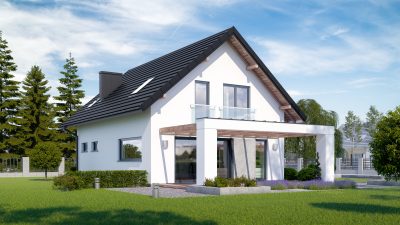 Proiect 85 — randare a casei: casă clasică cu etaj, 4 dormitoare, balcon și carport