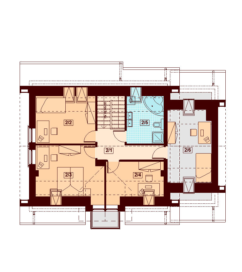 Proiect 86 — plan etaj: casă clasică cu etaj, 4 dormitoare, balcon și garaj