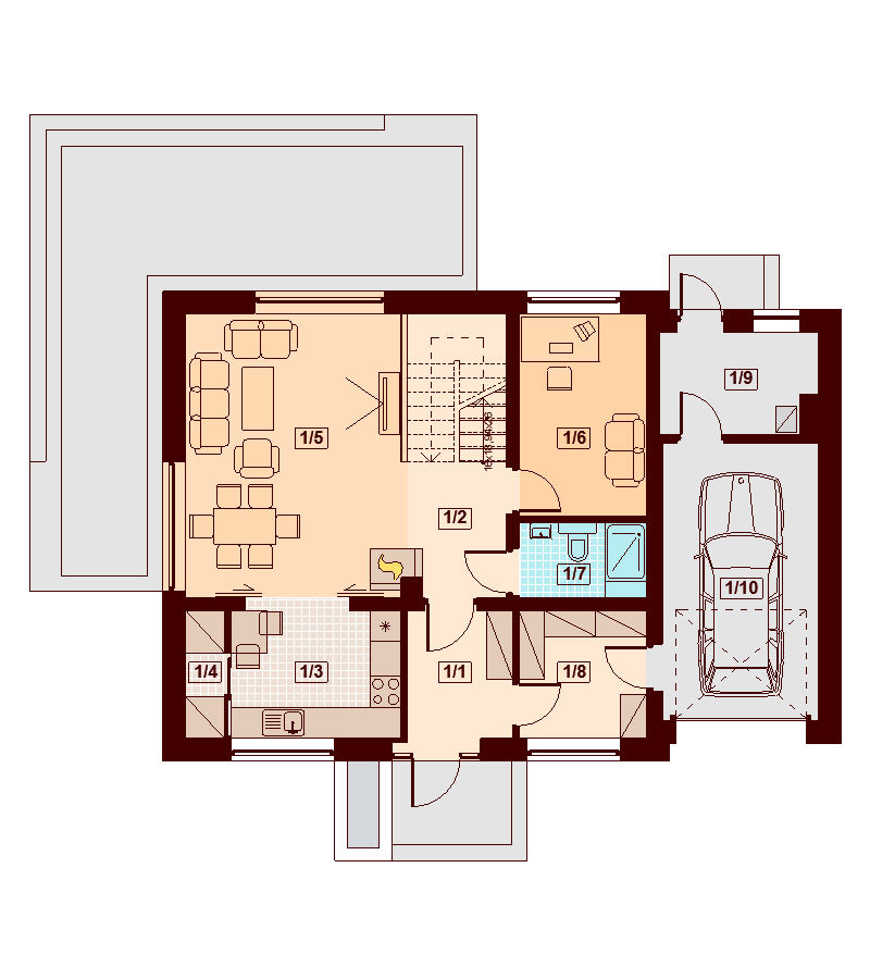 Proiect 86 — plan parter: casă clasică cu etaj, 4 dormitoare, balcon și garaj