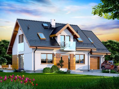 Proiect 86 — randare a casei: casă clasică cu etaj, 4 dormitoare, balcon și garaj