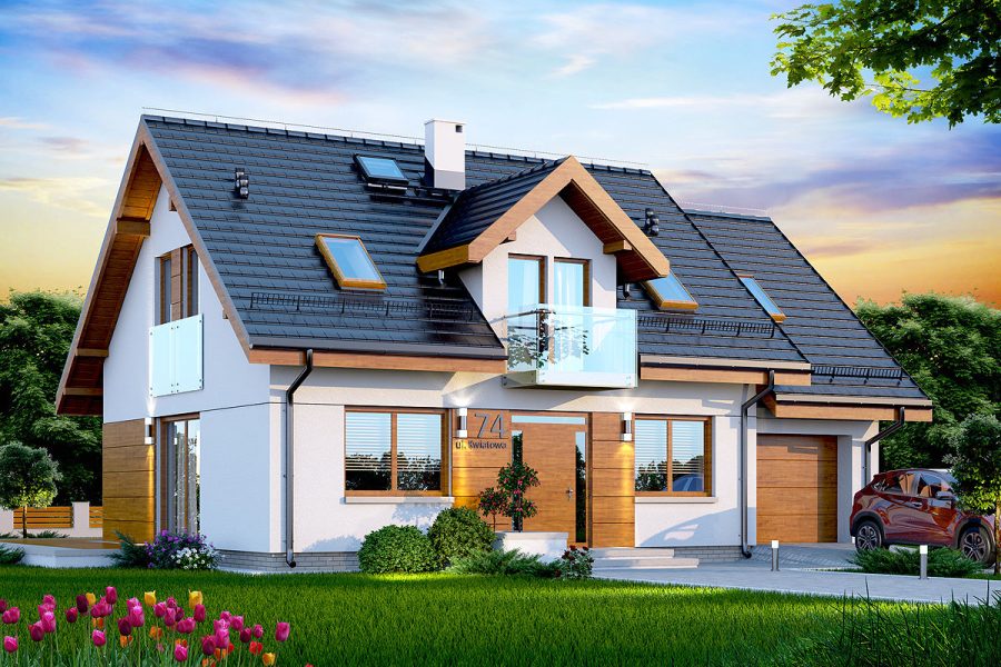Proiect 86 — randare a casei: casă clasică cu etaj, 4 dormitoare, balcon și garaj