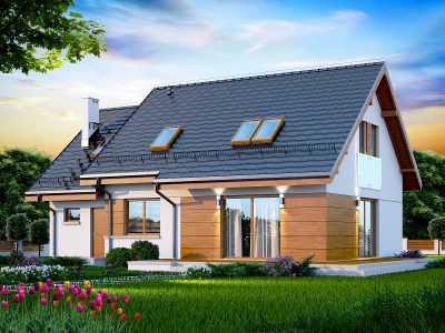 Proiect 86 — randare a casei: casă clasică cu etaj, 4 dormitoare, balcon și garaj