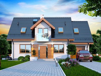 Proiect 86 — randare a casei: casă clasică cu etaj, 4 dormitoare, balcon și garaj