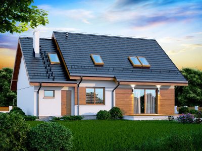 Proiect 86 — randare a casei: casă clasică cu etaj, 4 dormitoare, balcon și garaj