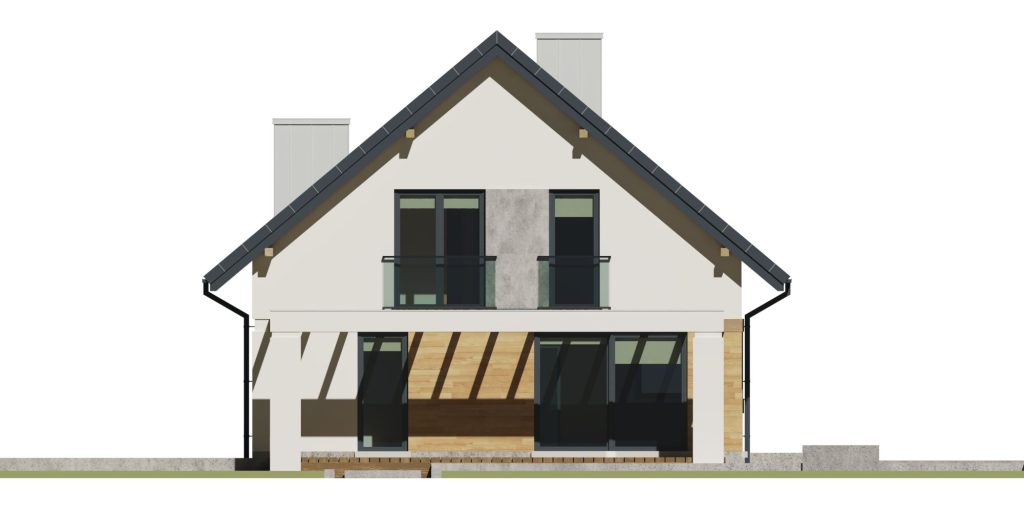 Proiect 87 — fațade: casă clasică cu etaj, 4 dormitoare, balcon și terasă, fără garaj