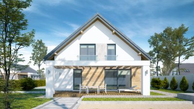 Proiect 87 — randare a casei: casă clasică cu etaj, 4 dormitoare, balcon și terasă, fără garaj