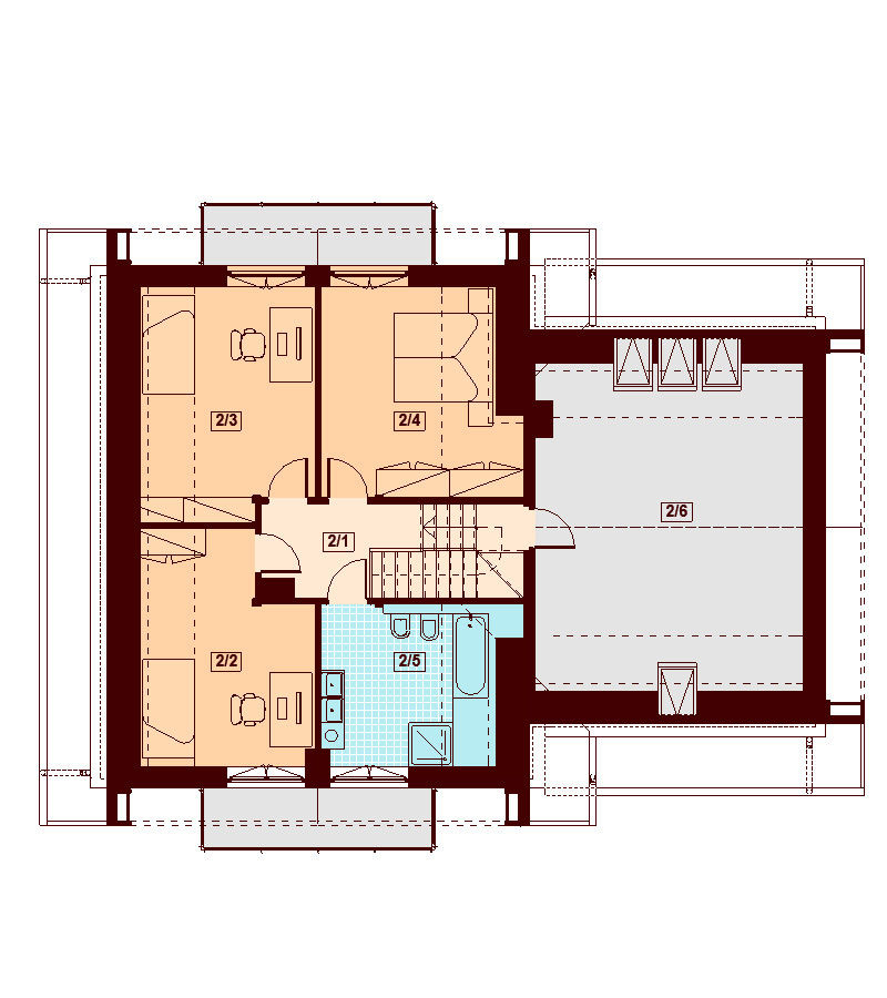 Proiect 88 — plan etaj: casă clasică cu etaj, 4 dormitoare, garaj dublu și balcon