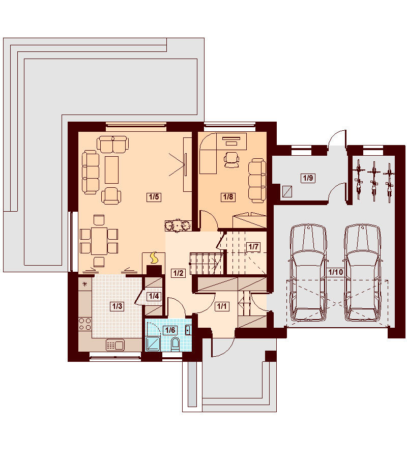 Proiect 88 — plan parter: casă clasică cu etaj, 4 dormitoare, garaj dublu și balcon