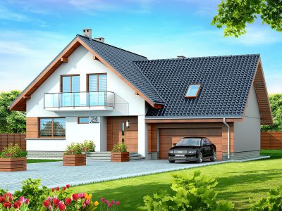 Proiect 88 — randare a casei: casă clasică cu etaj, 4 dormitoare, garaj dublu și balcon