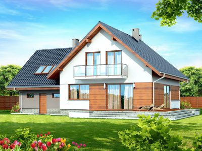 Proiect 88 — randare a casei: casă clasică cu etaj, 4 dormitoare, garaj dublu și balcon