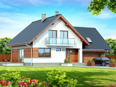 Proiect 88 — randare a casei: casă clasică cu etaj, 4 dormitoare, garaj dublu și balcon