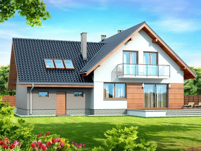 Proiect 88 — randare a casei: casă clasică cu etaj, 4 dormitoare, garaj dublu și balcon