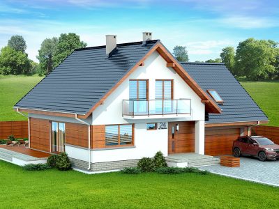 Proiect 88 — randare a casei: casă clasică cu etaj, 4 dormitoare, garaj dublu și balcon