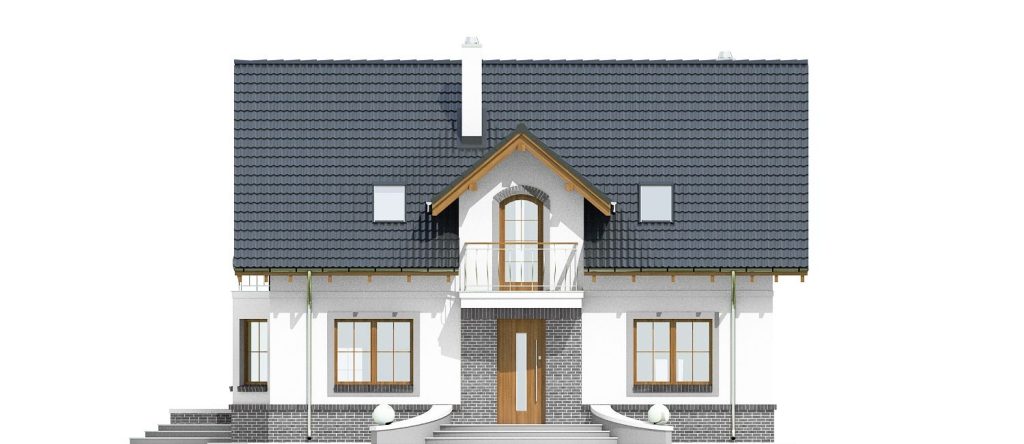 Proiect 89 — fațade: casă clasică cu etaj, balcon din lemn și 4 dormitoare