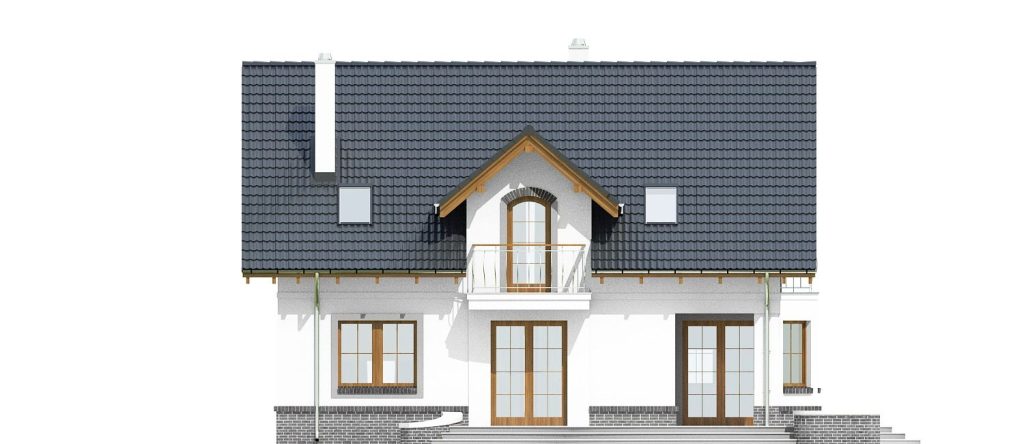 Proiect 89 — fațade: casă clasică cu etaj, balcon din lemn și 4 dormitoare