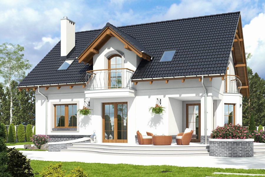 Proiect 89 — randare a casei: casă clasică cu etaj, balcon din lemn și 4 dormitoare