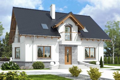 Proiect 89 — randare a casei: casă clasică cu etaj, balcon din lemn și 4 dormitoare
