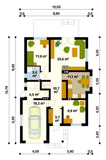 Proiect 90 — plan parter: casă clasică cu mansardă, 4 dormitoare, balcon și garaj
