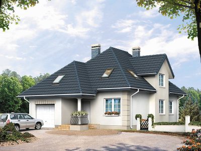 Proiect 90 — randare a casei: casă clasică cu mansardă, 4 dormitoare, balcon și garaj
