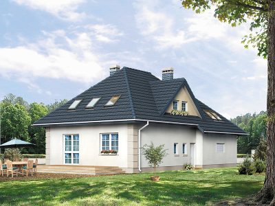 Proiect 90 — randare a casei: casă clasică cu mansardă, 4 dormitoare, balcon și garaj