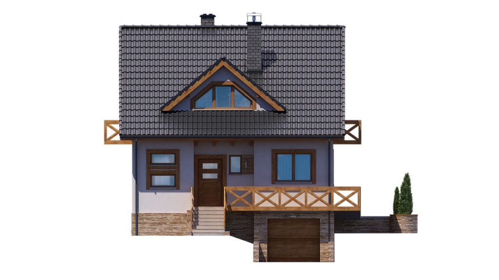 Proiect 91 — fațade: casă clasică din lemn cu etaj, 3 dormitoare, balcon și garaj