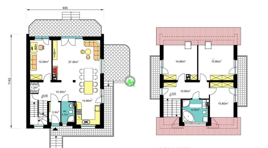 Proiect 91 — plan parter: casă clasică din lemn cu etaj, 3 dormitoare, balcon și garaj