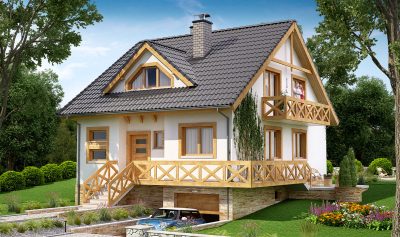 Proiect 91 — randare a casei: casă clasică din lemn cu etaj, 3 dormitoare, balcon și garaj