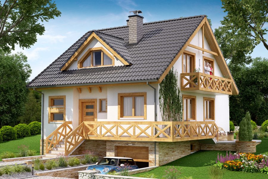 Proiect 91 — randare a casei: casă clasică din lemn cu etaj, 3 dormitoare, balcon și garaj