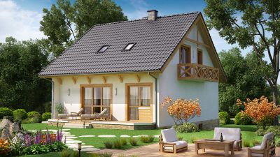 Proiect 91 — randare a casei: casă clasică din lemn cu etaj, 3 dormitoare, balcon și garaj