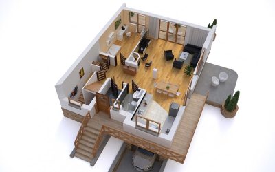 Proiect 91 — randare a casei: casă clasică din lemn cu etaj, 3 dormitoare, balcon și garaj