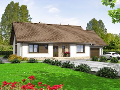 Proiect 92 — randare a casei: casă clasică parter cu 3 dormitoare și garaj