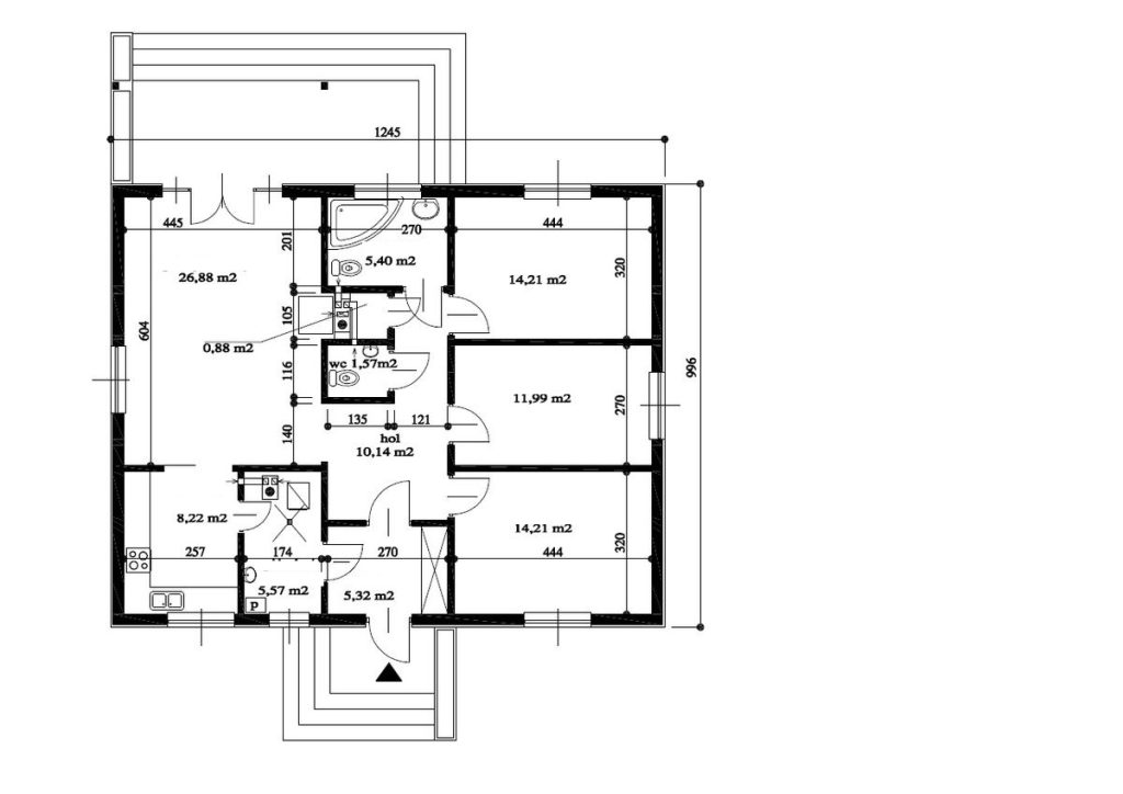 Proiect 93 — plan parter: casă clasică parter, 3 dormitoare, terasă și verandă