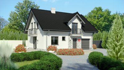 Proiect 95 — randare a casei: casă cu etaj, 3 dormitoare, balcon și garaj