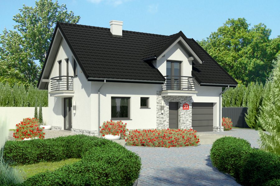 Proiect 95 — randare a casei: casă cu etaj, 3 dormitoare, balcon și garaj