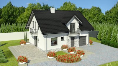 Proiect 95 — randare a casei: casă cu etaj, 3 dormitoare, balcon și garaj