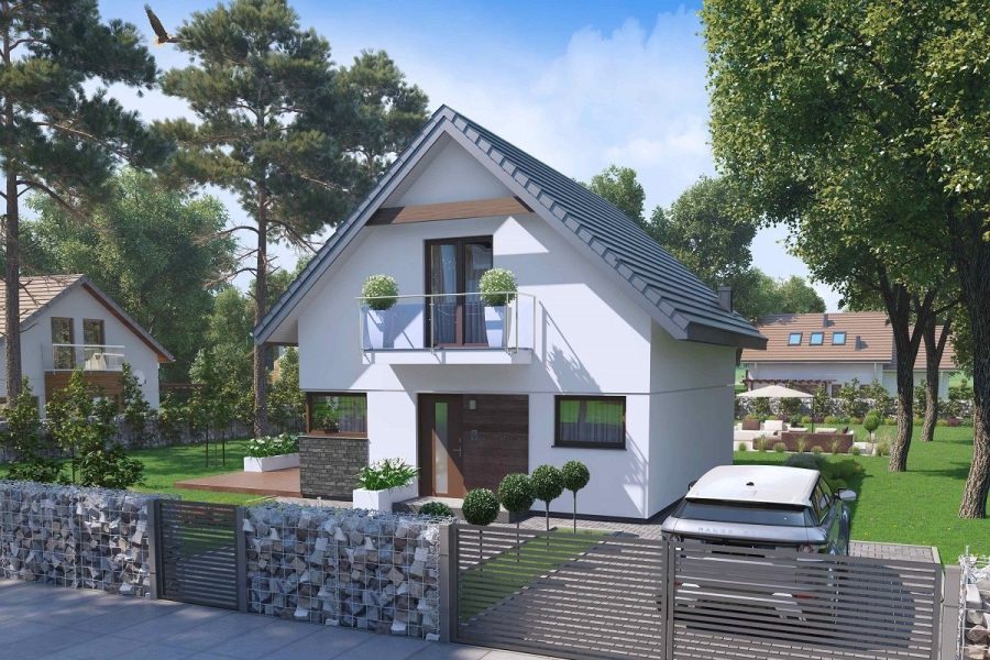 Proiect 96 — randare a casei: casă cu etaj, 3 dormitoare, balcon și piscină, fără garaj