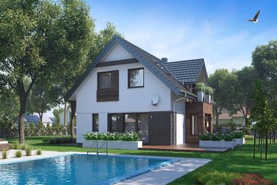 Proiect 96 — randare a casei: casă cu etaj, 3 dormitoare, balcon și piscină, fără garaj