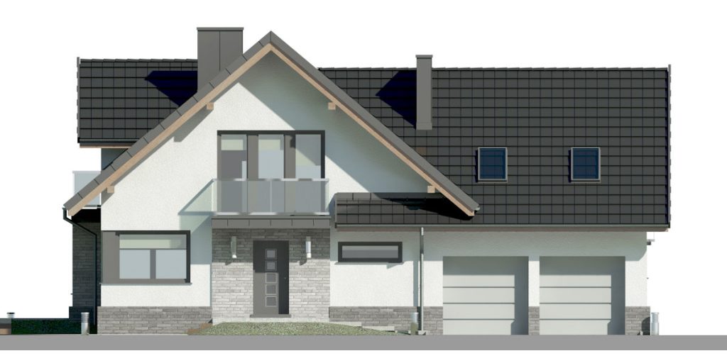 Proiect 97 — fațade: casă cu etaj, 4 dormitoare, balcon și garaj dublu