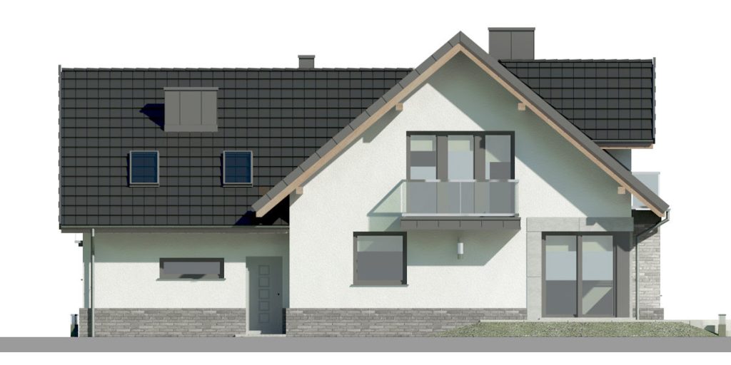 Proiect 97 — fațade: casă cu etaj, 4 dormitoare, balcon și garaj dublu