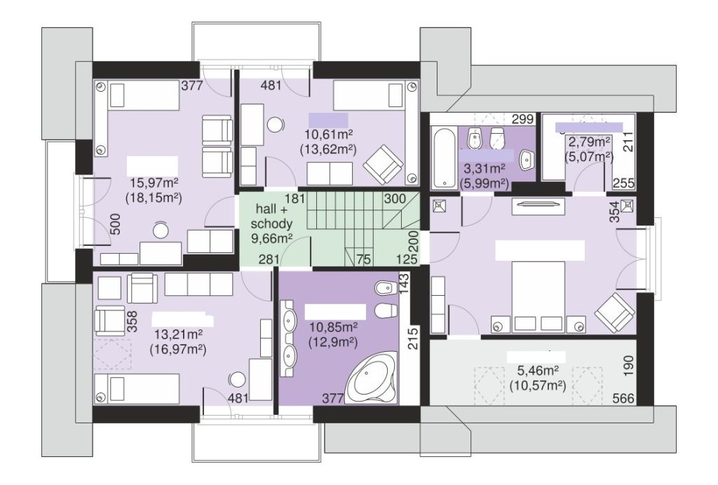Proiect 97 — plan etaj: casă cu etaj, 4 dormitoare, balcon și garaj dublu