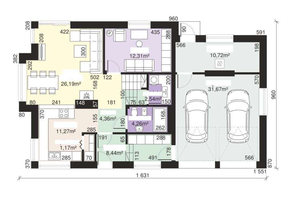 Proiect 97 — plan parter: casă cu etaj, 4 dormitoare, balcon și garaj dublu