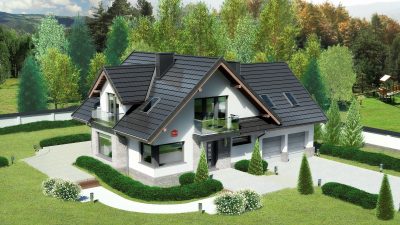 Proiect 97 — randare a casei: casă cu etaj, 4 dormitoare, balcon și garaj dublu