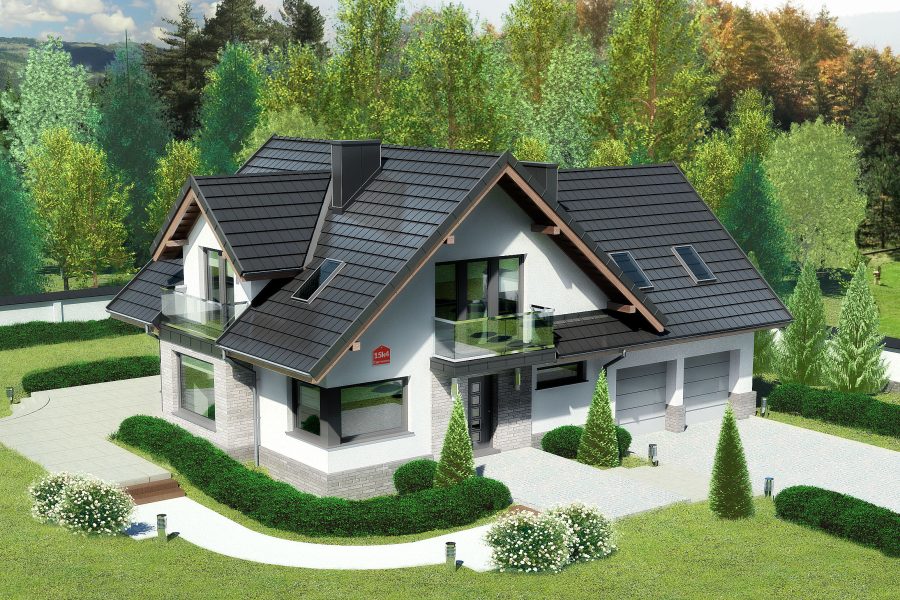 Proiect 97 — randare a casei: casă cu etaj, 4 dormitoare, balcon și garaj dublu