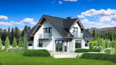 Proiect 97 — randare a casei: casă cu etaj, 4 dormitoare, balcon și garaj dublu
