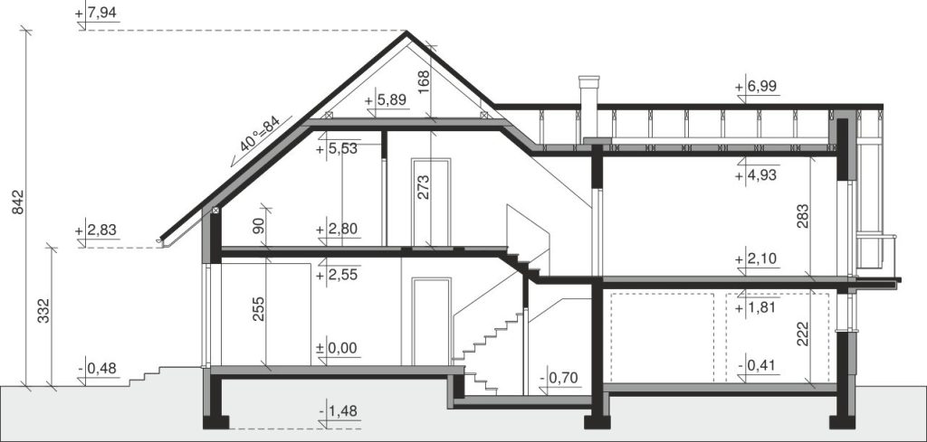 Proiect 97 — secțiune: casă cu etaj, 4 dormitoare, balcon și garaj dublu